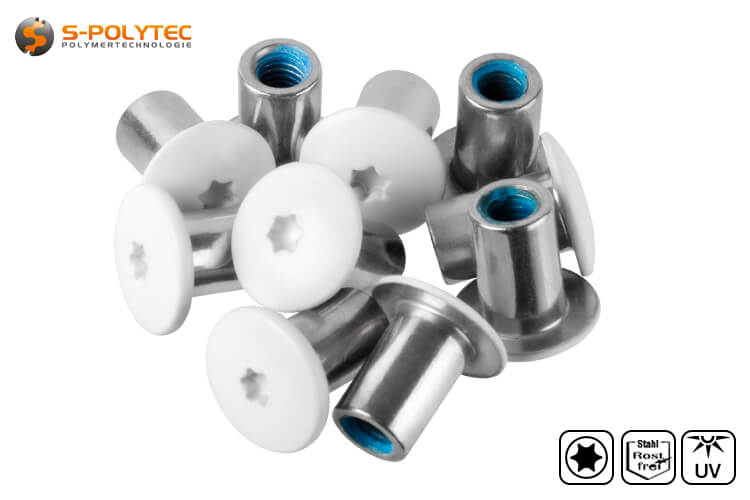 Stainless steel threaded sleeve for balcony screws with UV-resistant head coating in pure white (RAL9010).