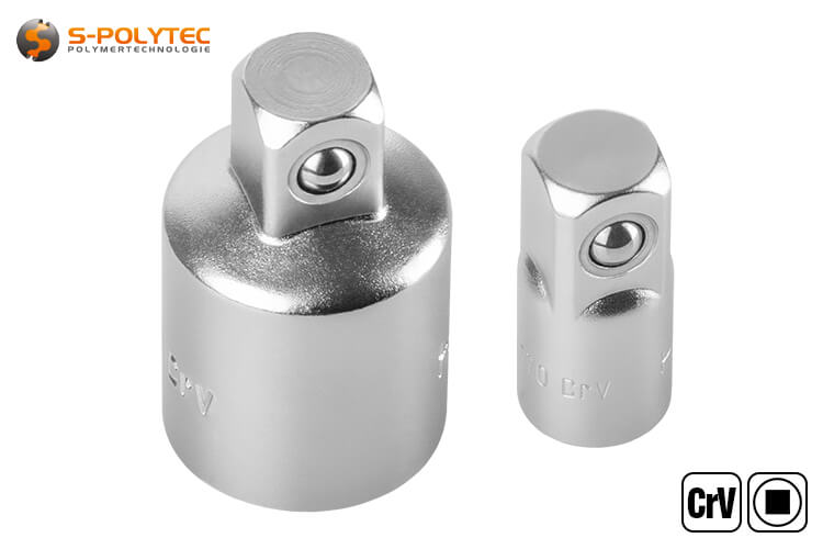 Socket adapter from 1/4 inch or 1/2 inch to 3/8 inch made of chrome vanadium steel with spring-loaded ball lock
