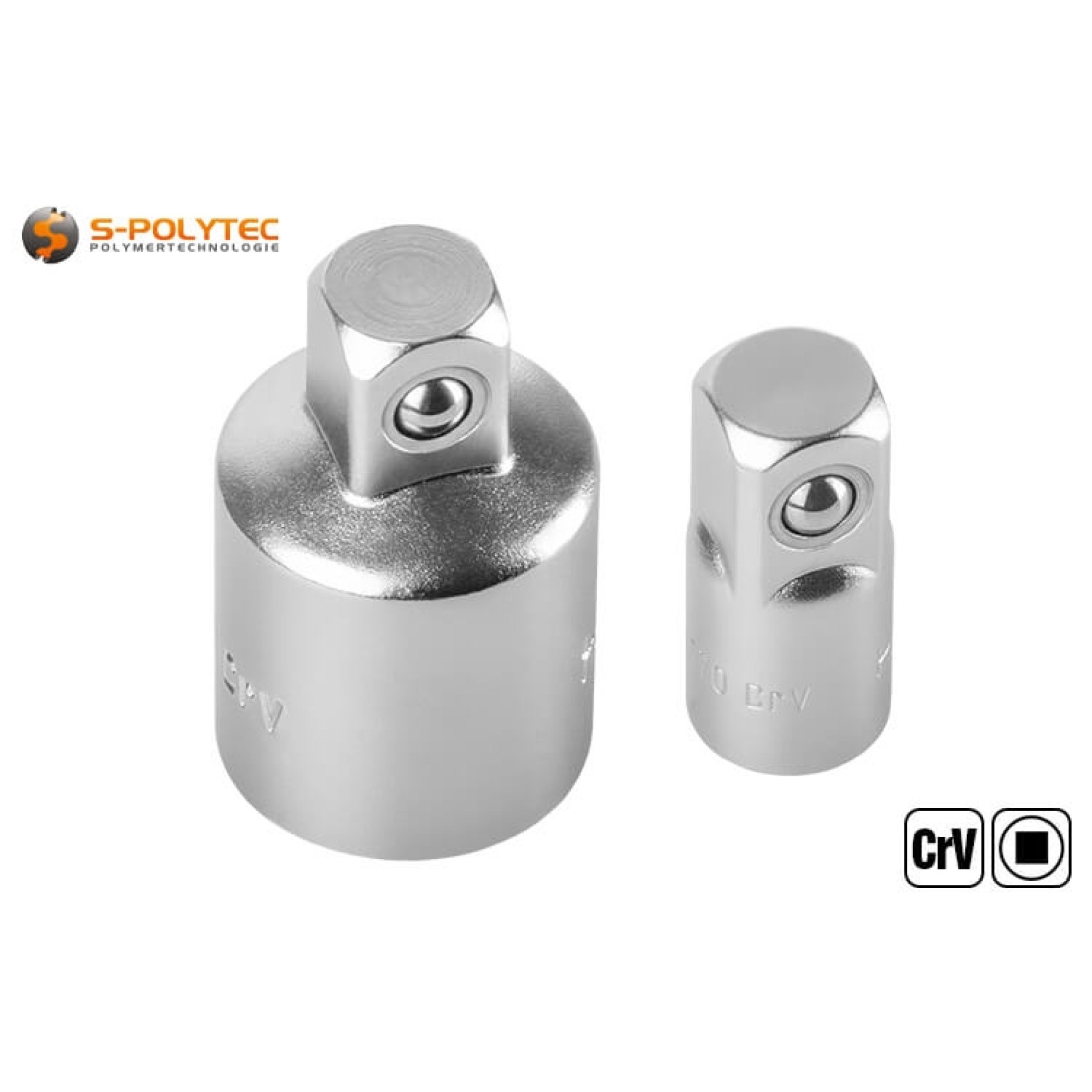 Socket adapter from 1/4 inch or 1/2 inch to 3/8 inch made of chrome vanadium steel with spring-loaded ball lock