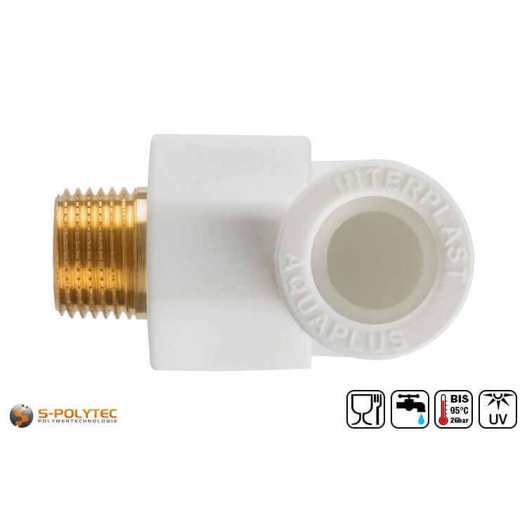 We offer the white PPR 90° elbows in sizes DN20, DN25 and DN32 and coupling with male thread from 1/2 inch to 1 inch