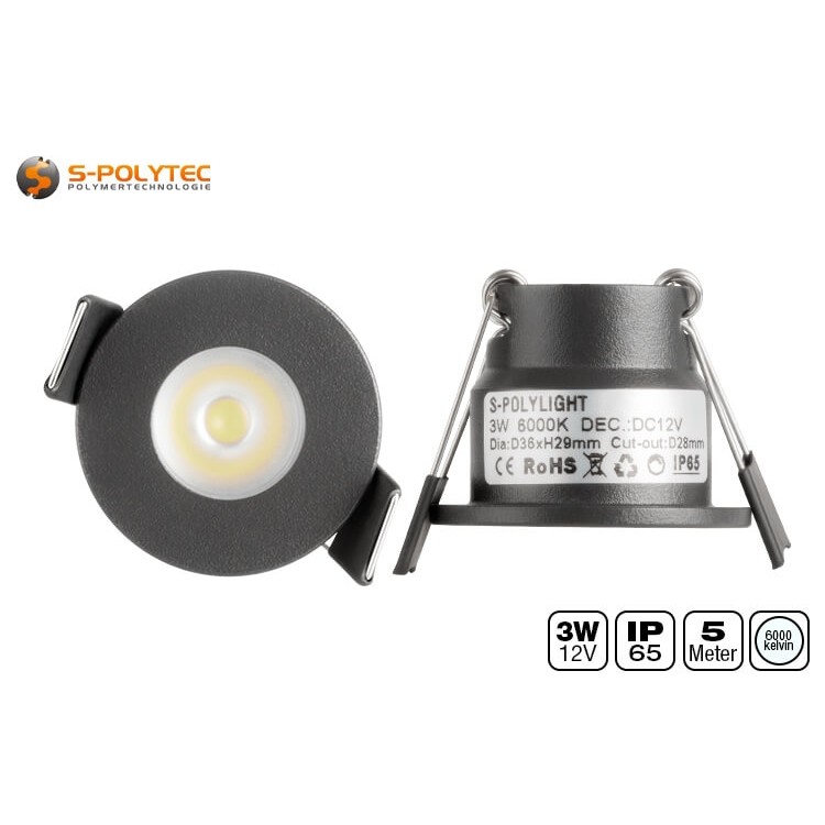 The screw connection of the connection cable to the LED spotlight is sealed and therefore dustproof and waterproof