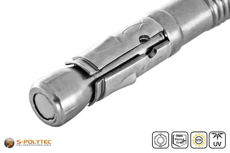 Secure hold for fixing in concrete thanks to conical bolt with stainless steel expansion clip