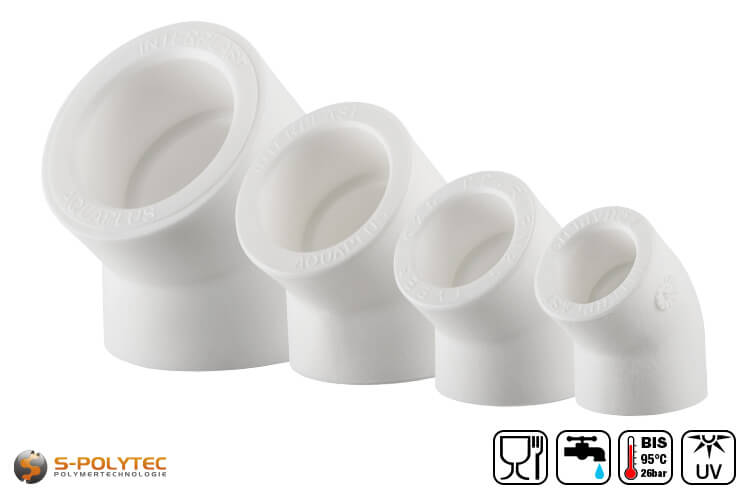 Aqua-Plus PP-R elbow 45° in white for connecting PP-R pipes in different sizes when the direction is changed by 45° at the same time