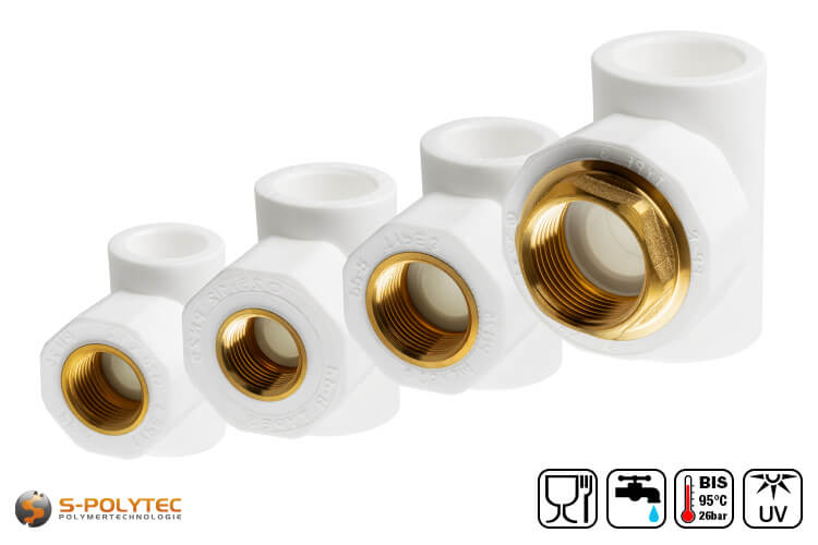 We offer the white PPR T-pieces in the sizes DN20, DN25 and DN32 with branching female thread connection in 1/2, 3/4 or 1 inch