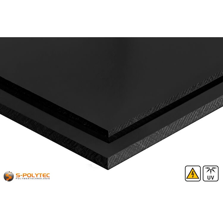 Electricalley conductive polyethylene sheets in black in  thicknesses from 3mm - 60mm as standard size sheets 2.0 x 1.0 meters - detailed view