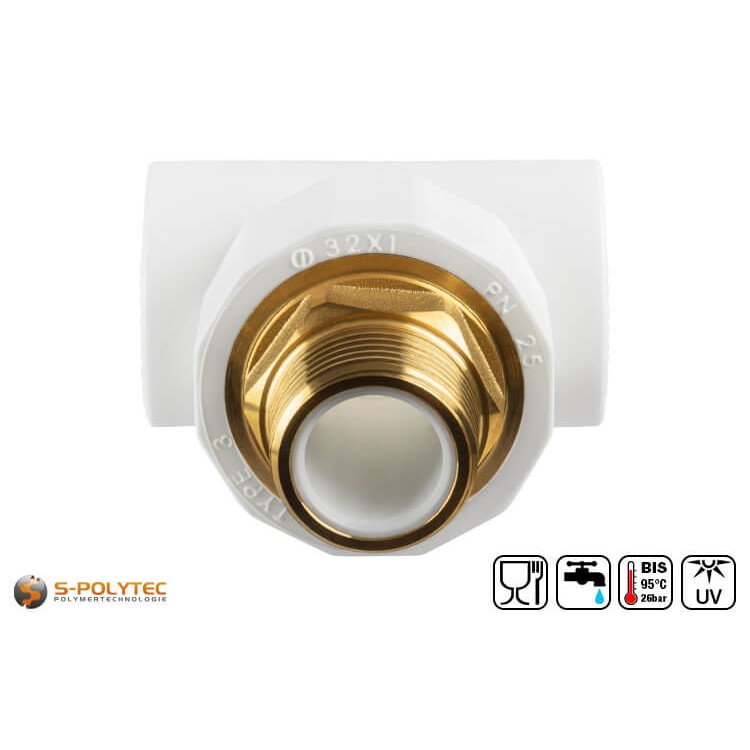Aqua-Plus PP-R T-piece for PP-R pipes in white in various sizes with branching external thread made of brass