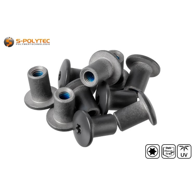 Stainless steel threaded sleeve for balcony screws with UV-resistant head paint in anthracite (RAL7016).