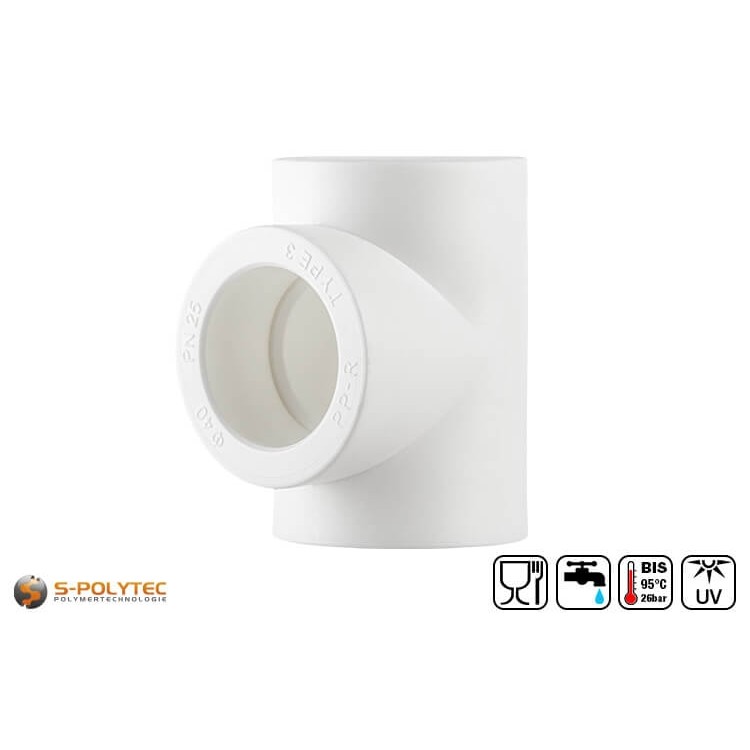 Aqua-Plus PP-R T-pieces in white for easy branching of a PP-R pipe with identical diameter