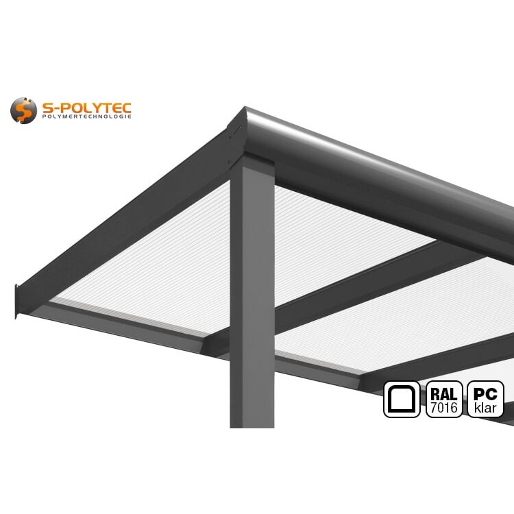 Terrace roofing in RAL7016 (anthracite gray) with rounded aluminum profiles and transparent double-skin polycarbonate sheets