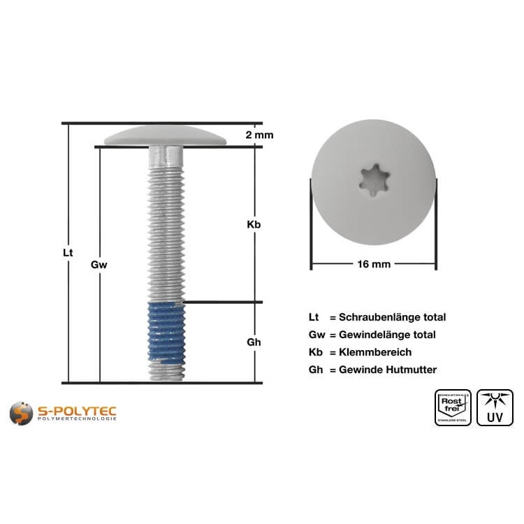 View of measurements of our balcony screw with light grey screw head