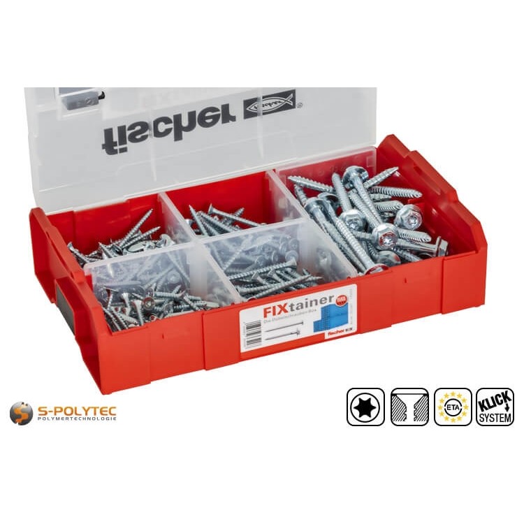 The fischer FIXtainer anchor screw box contains 120 screws in Ø 4.5x40mm, 60 in Ø 5.0x55mm and 30 in Ø 10x50mm