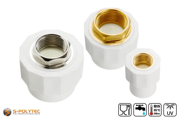 Aqua-Plus PP-R coupling for PP-R pipes in white for PP-R pipes in various sizes with female brass threads.