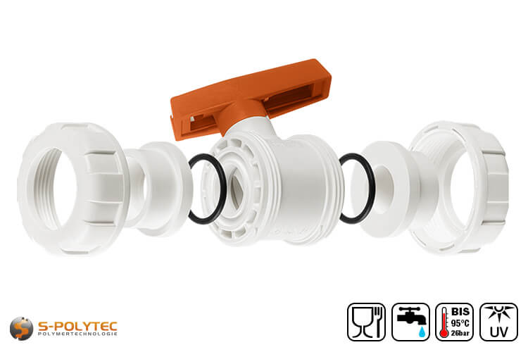 The Aqua-Plus PP-R ball valve with screw connection in white with full bore for low flow losses