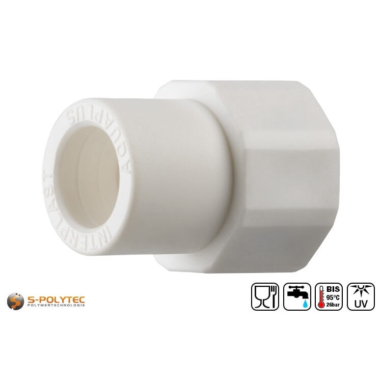 PP-R coupling for PP-R pipes for PP-R pipes in various sizes with female brass threads.