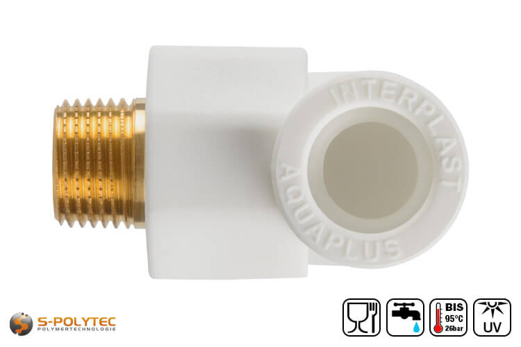 We offer the white PPR 90° elbows in sizes DN20, DN25 and DN32 and coupling with male thread from 1/2 inch to 1 inch