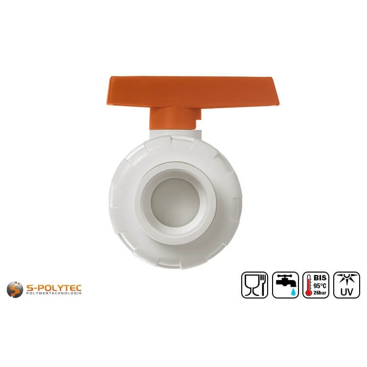 We offer the white PPR ball valves in sizes DN20, DN25, DN32 and DN32 for connecting PP-R pipes with a constant diameter