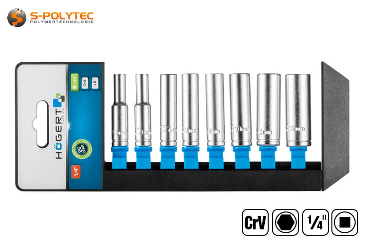 The practical plastic holder stores the individual sockets in a space-saving, safe and clear manner