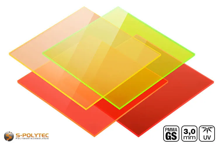 Fluorescent acrylic glass GS coloured tinted with neon glow effect in millimetre-precise cuts from as little as 30mmx30mm.