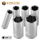 Hexagon socket spanner with 1/2 inch square drive in various widths across flats from 8mm to 32mm in long version
