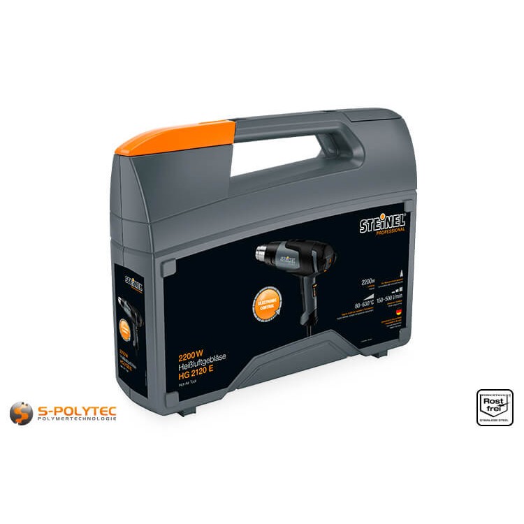 Hot air gun HG 2120 E is supplied as a complete set, including attachments in transport case