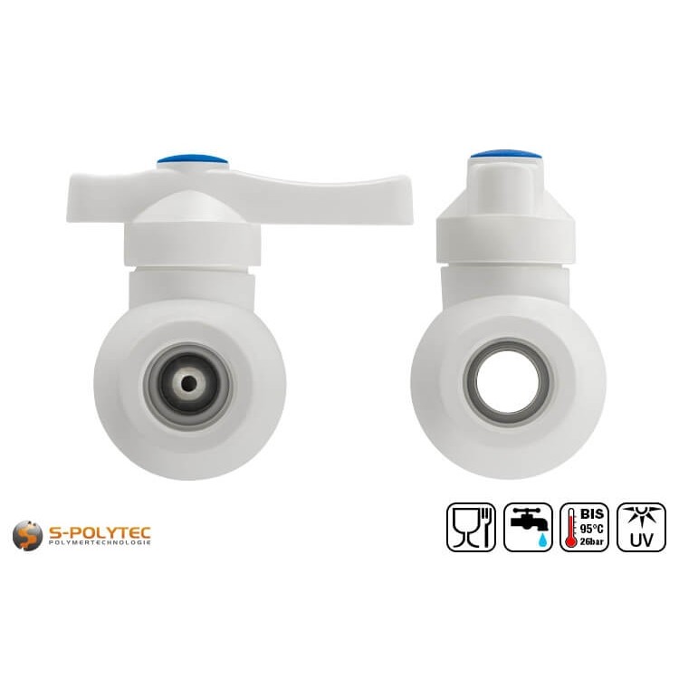 The Aqua-Plus PP-R ball valve for welding connection in white with full bore for loss-free flow.	