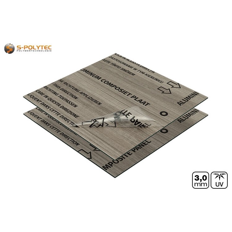 The surface of the aluminium sandwich panels in grey ash wood effect is provided with protective film