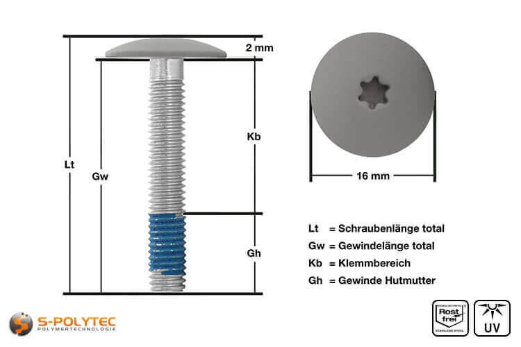 View of measurements of our balcony screw with dusty grey screw head