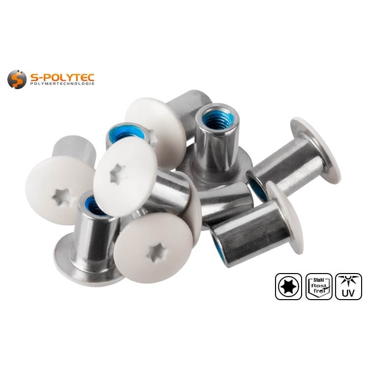 Stainless steel threaded sleeve for balcony screws with UV-resistant head paint in cream white (RAL9001)