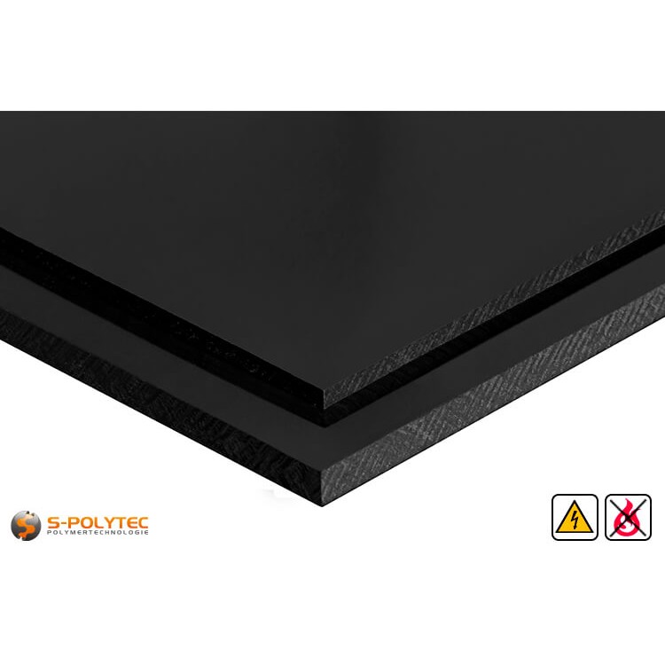 Electricalley conductive polypropylene sheets in black in  thicknesses from 10mm - 30mm as standard size sheets 2.0 x 1.0 meters - detailed view