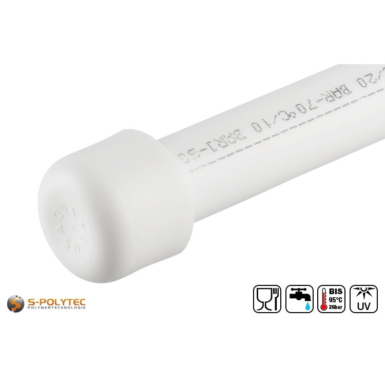 Aqua-Plus PP-R pipe end caps in white for sealing pipe ends within the pipe system	