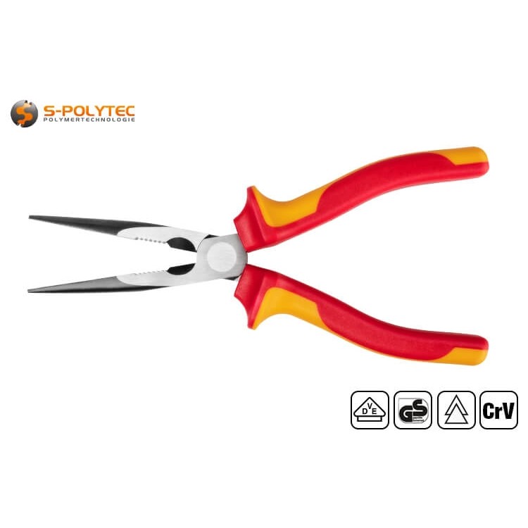 The ergonomic handle of the straight flat-nose pliers is insulated according to VDE up to 1000 V
