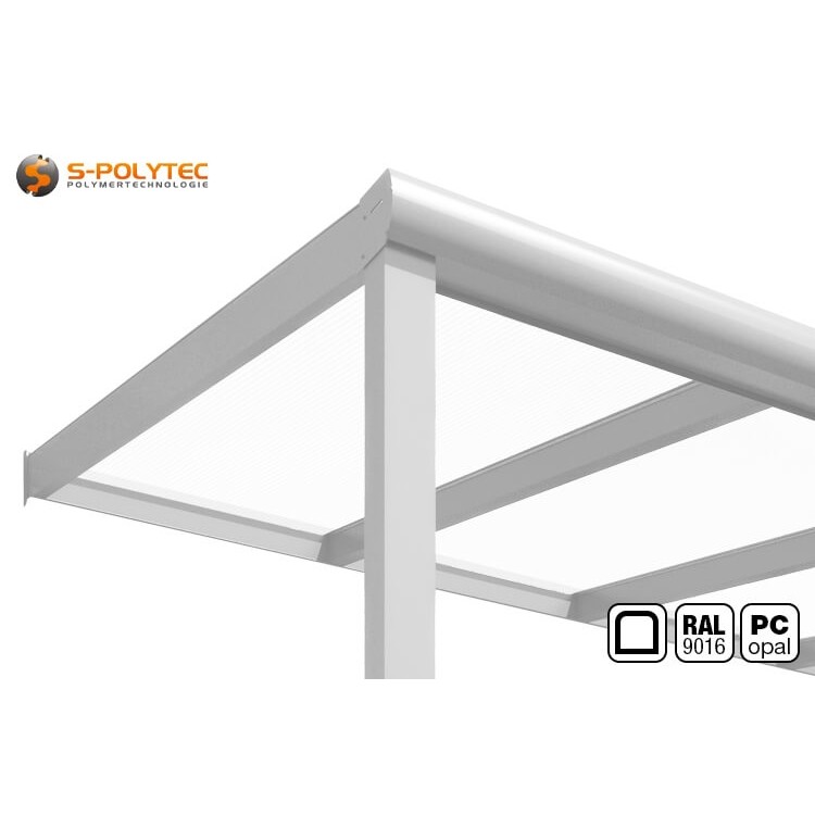Aluminum terrace roof in white (RAL 9016) with rounded profile shape and opal polycarbonate double-skin sheets