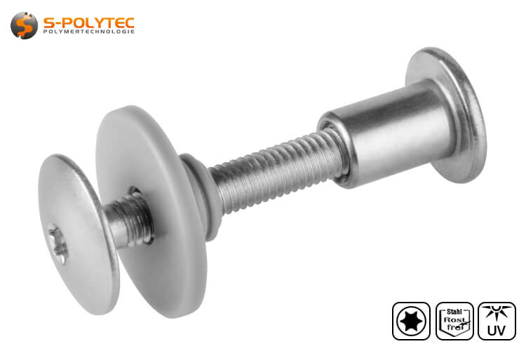 The threaded sleeve of the balcony screw in stainless steel with flat screw head is ideal for square profiles