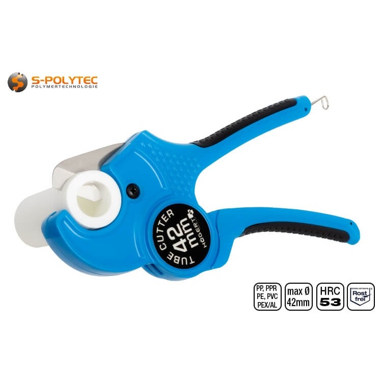 The robust pipe cutter made of aluminium with stainless steel blade cuts our white PP-R pipes up to DN40 without any problems