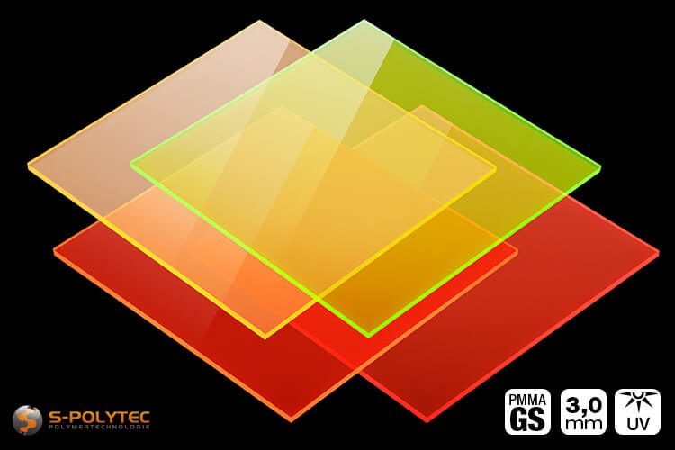 The fluorescent acrylic glass GS in 3mm thickness cut to size from 30mmx30mm up to 1500mmx1000mm buy online