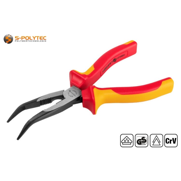 The VDE needle nose pliers with bent tips according to DIN 5745 are available with a total length of either 160mm or 200mm