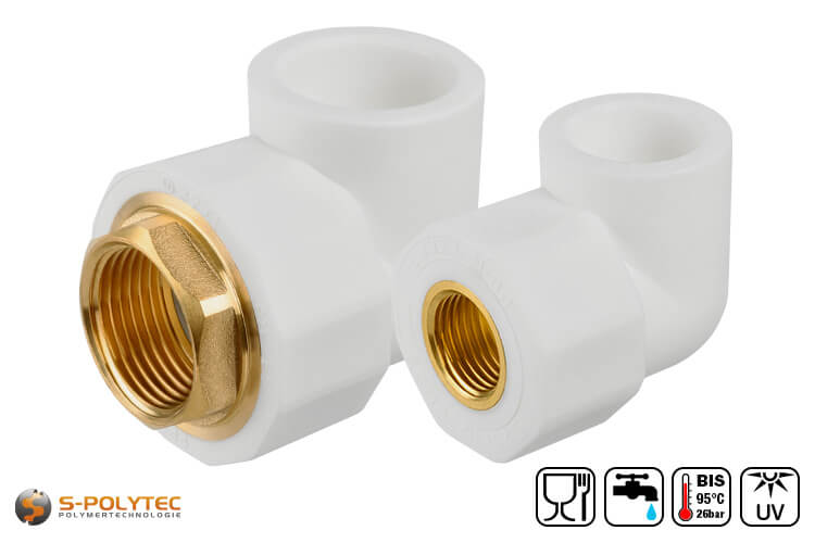 Aqua-Plus PP-R 90° elbow coupling in white for connecting PP-R pipes to other pipe systems thanks to internal brass threads
