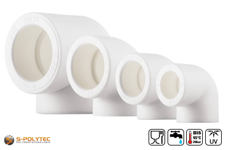 Aqua-Plus PP-R elbow 90° in white for connecting and changing the direction at right angles of PP-R pipes in various sizes