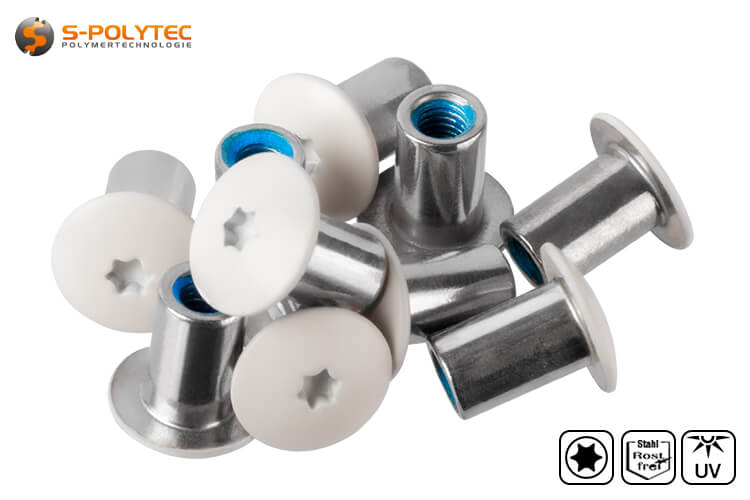 Stainless steel threaded sleeve for balcony screws with UV-resistant head paint in cream white (RAL9001)