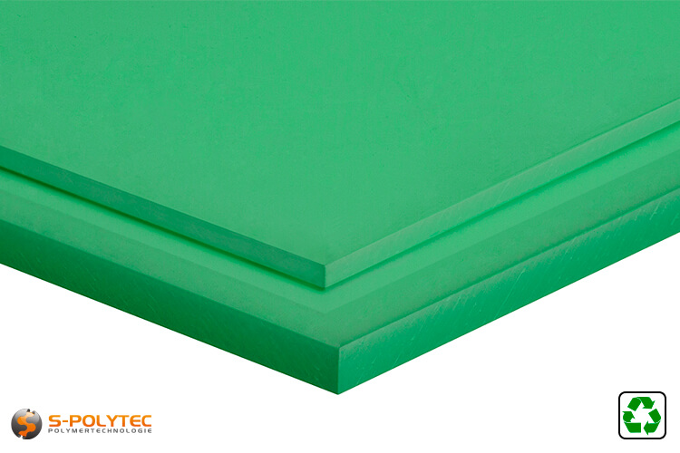 Polyethylene sheets (PE-UHMW, PE-1000) green form recycelt materials with smooth surface from 10mm to 80mm thickness as standard size sheets 2.0 x 1.0 meters