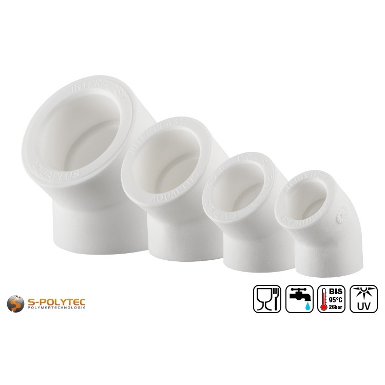 Aqua-Plus PP-R elbow 45° in white for connecting PP-R pipes in different sizes when the direction is changed by 45° at the same time