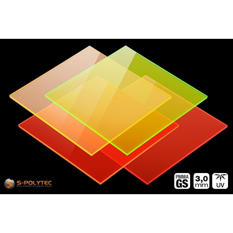 The fluorescent acrylic glass GS in 3mm thickness cut to size from 30mmx30mm up to 1500mmx1000mm buy online