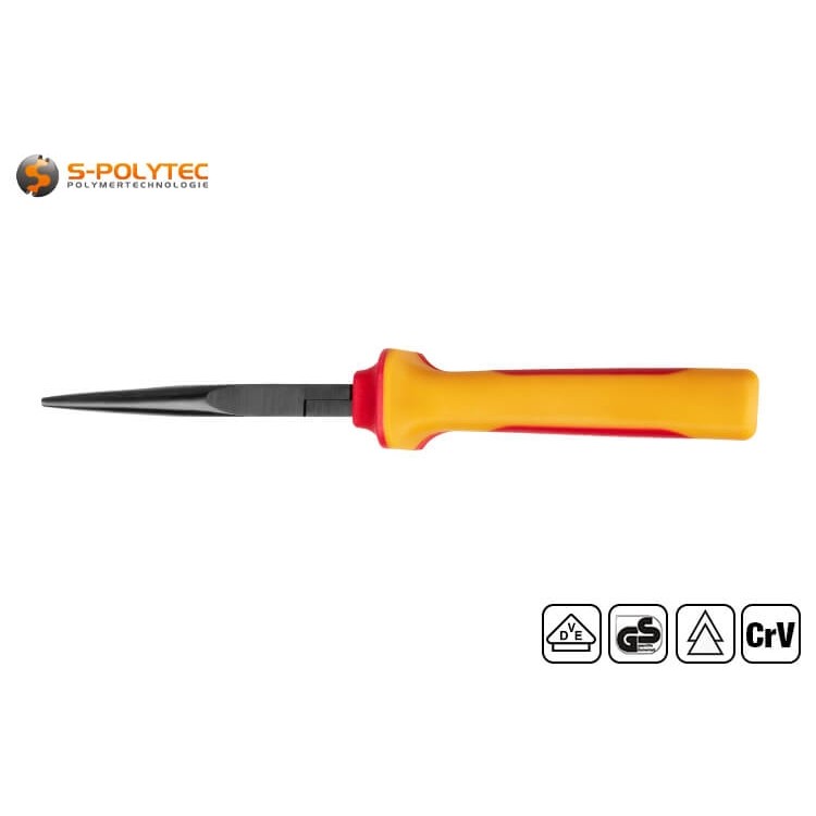 The insulated VDE needle nose pliers with straight tips are available in 160mm or 200mm total length