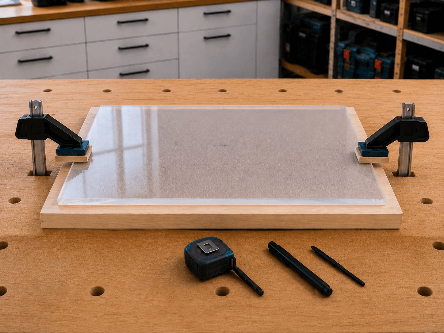 Securing the acrylic sheet and sacrificial backing with clamps to prevent movement