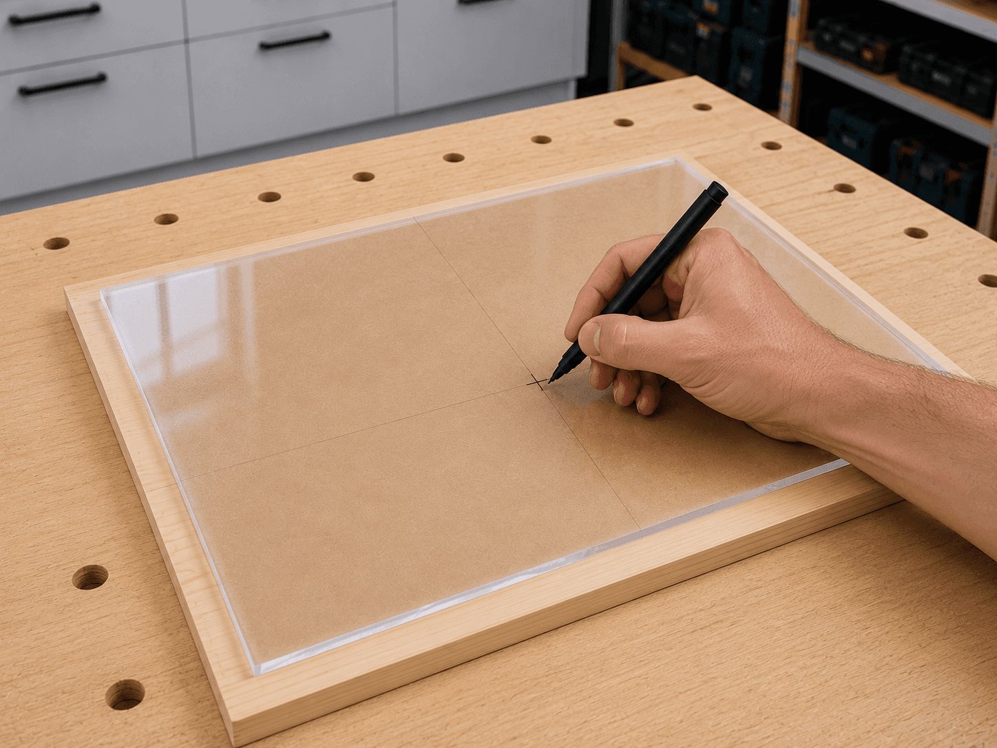 Marking the drilling position on the protective film of an acrylic sheet