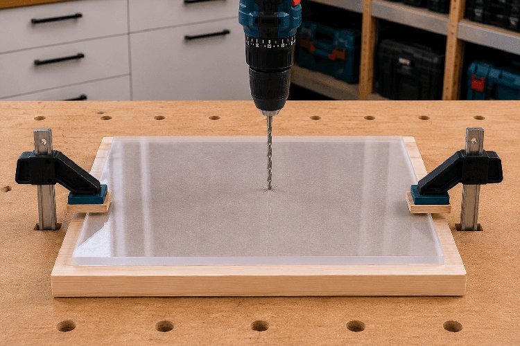 Positioning a plastic drill bit perpendicular to a marked acrylic sheet