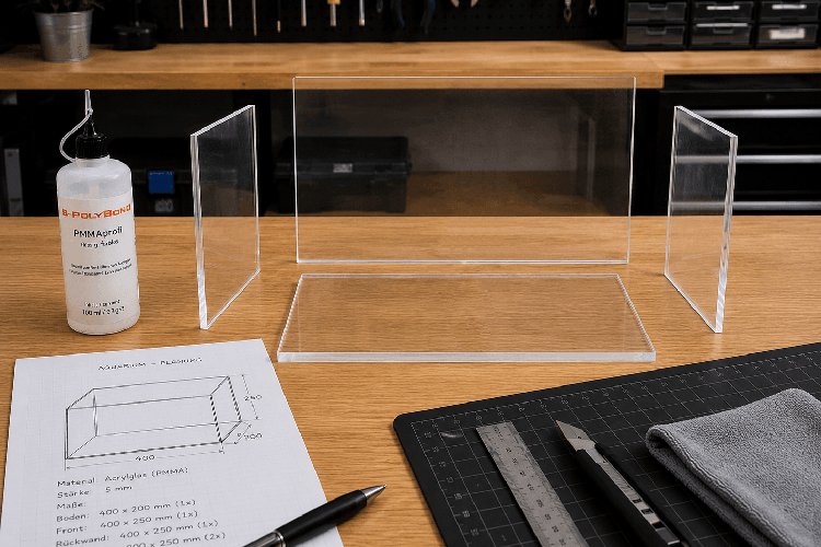Planning an acrylic glass aquarium with a sketch and cut sheets