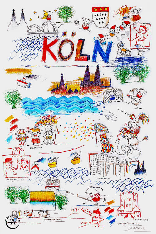 Hand-signed city poster of Cologne by Wilhelm Schlote, printed by Clever-Art