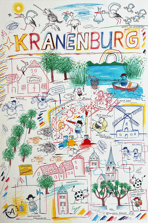 Hand-signed city map of Kranenburg printed by Wilhelm Schlote from Clever-Art