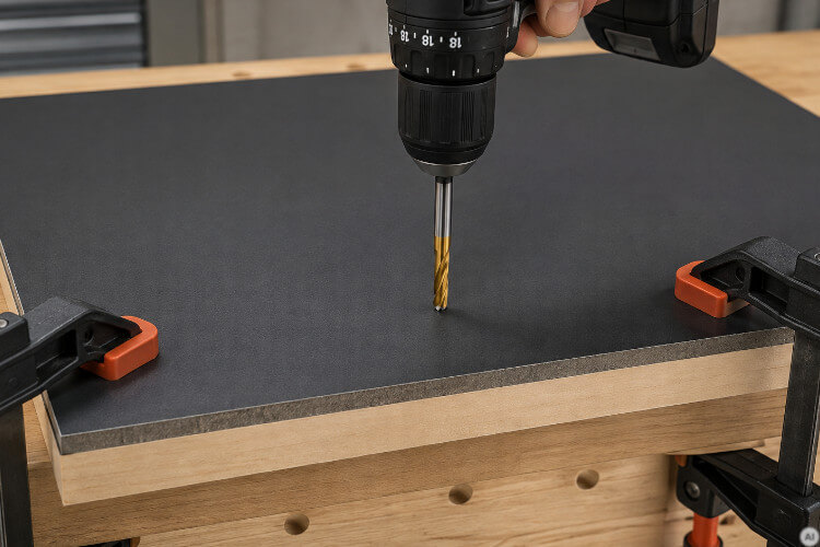Positioning a solid-carbide HPL drill bit perpendicular to a marked drilling point